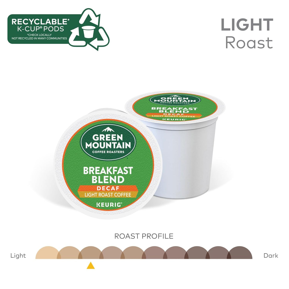 Green Mountain Coffee Roasters Decaf Breakfast Blend , Single-Serve Keurig K-Cup Pods, Light Roast Coffee, 32 Count