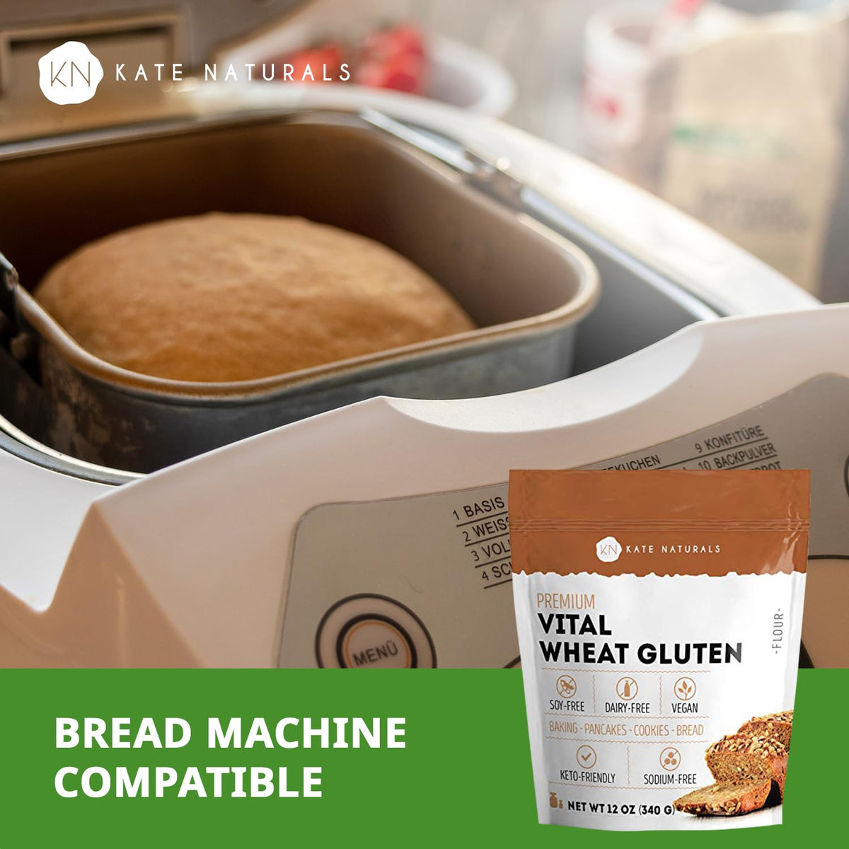 Kate Naturals Vital Wheat Gluten for Bread Making, Baking & Seitan. Compatible with Bread Machine (12oz, High Protein Flour)