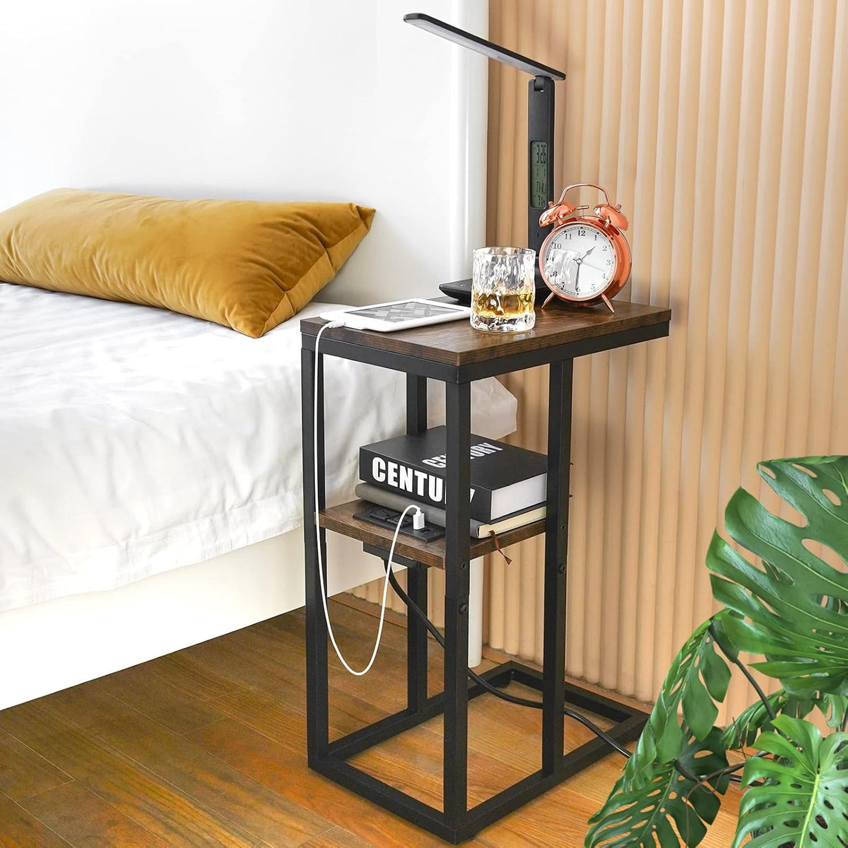 Yoobure C Shaped End Table with Charging Station, Small Side Table for Sofa，26" Tall Tv Tray Couch Table with Storage,Bedside Table with USB Ports