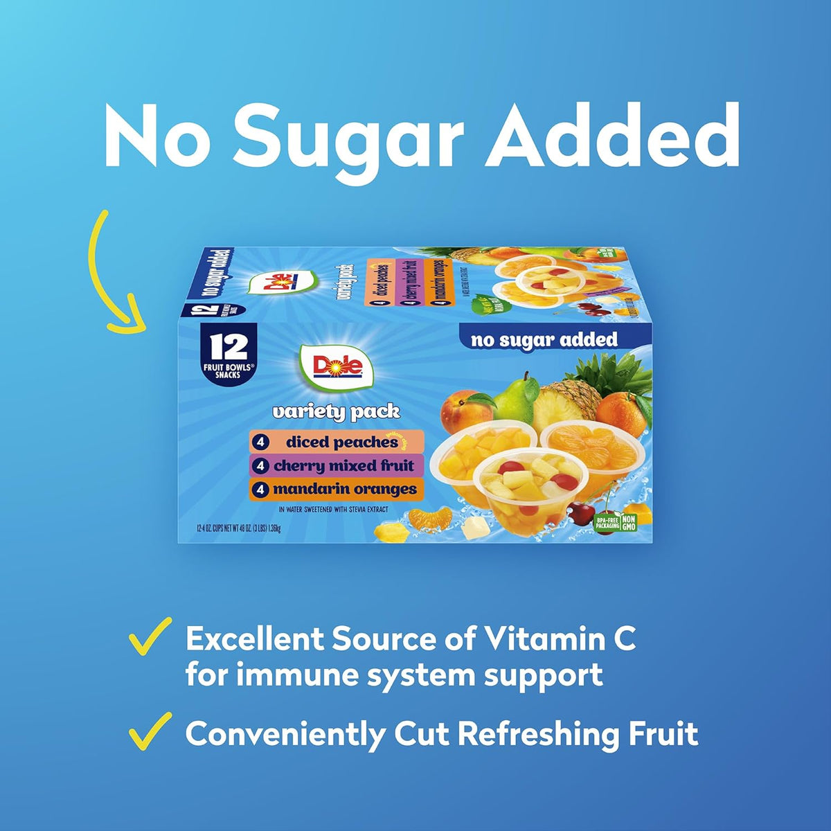 Dole Diced Peaches, Mandarin Oranges, and Cherry Mixed Fruit with No Sugar Added Variety Pack - Dole Fruit Bowls Snacks - 4 oz Bowls - 12 Pack