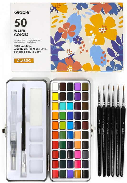 Grabie 50 Colors Watercolor Paint Set, Detail Paint Brush Included, Watercolor Paints, Painting Sets, Art Supplies for Painting, Travel Watercolor