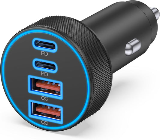 [4 in 1] USB C Car Charger, 4-Port 90W Super Fast Charging Cigarette Lighter Adapter, Dual 45W USBC & USB-A Multiport Car Phone Charger Accessories