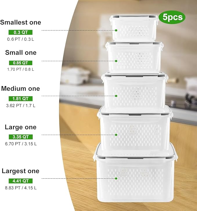 5 PCS Large Fruit Containers for Fridge - Leakproof Food Storage Containers with Removable Colander - Dishwasher & microwave safe Produce Containers