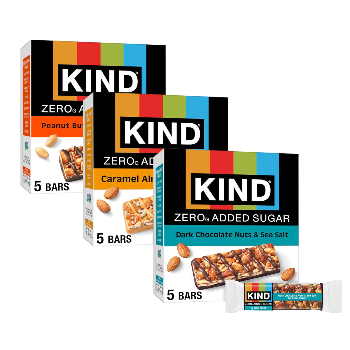 KIND ZERO Added Sugar Bars, Variety Pack, Dark Chocolate Nuts & Sea Salt, Caramel Almond & Sea Salt, Peanut Butter Dark Chocolate, Keto Friendly