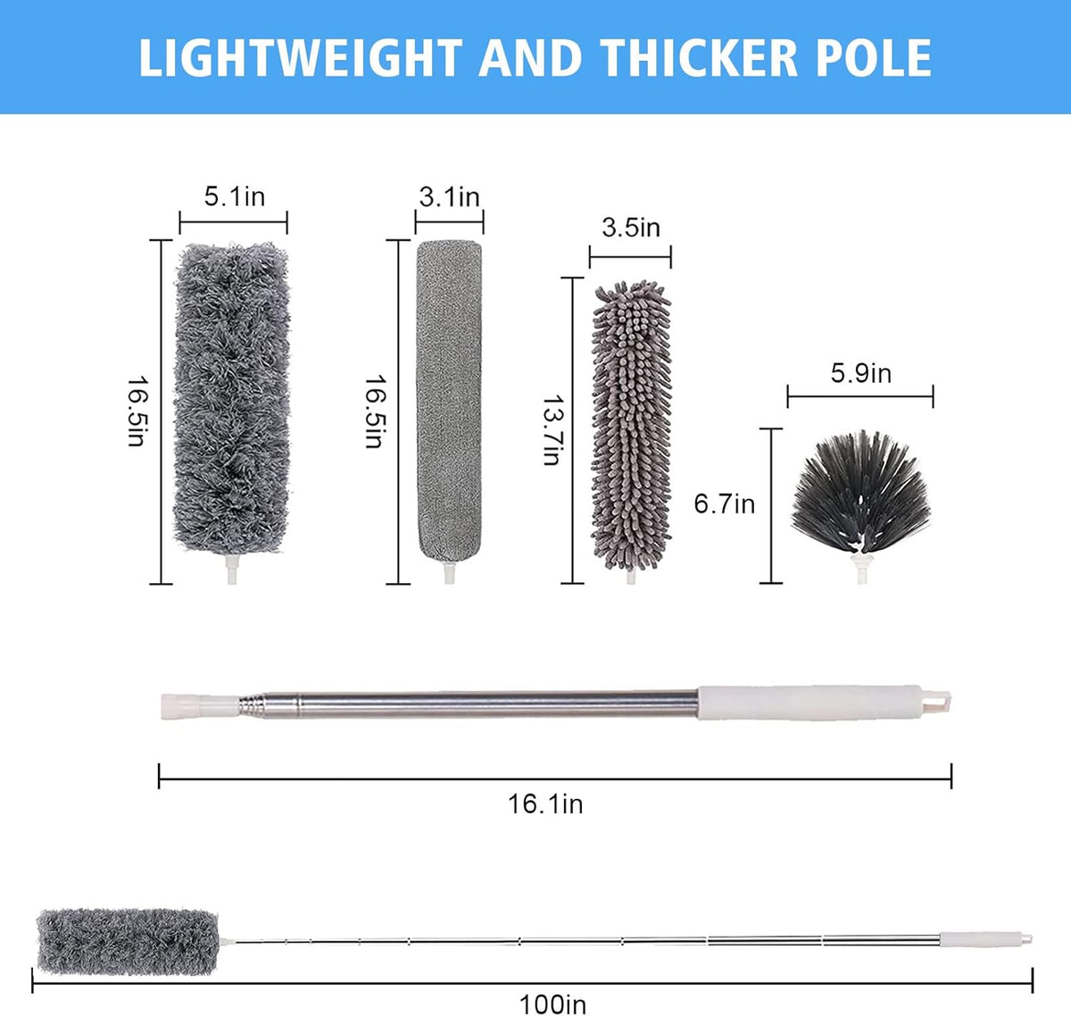 Microfiber Feather Duster 5-in-1 Kit, Dusters for Cleaning, Duster with Extension Pole 100 Inches, Cobweb Duster, Microfiber Dusters for High