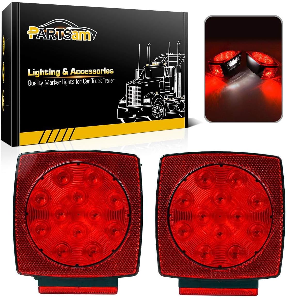 Partsam 12V Submersible Square Led Trailer Light,Red White LED Stop Turn Tail License Brake Running Light Lamp for Trailers Under 80" Boat Trailer