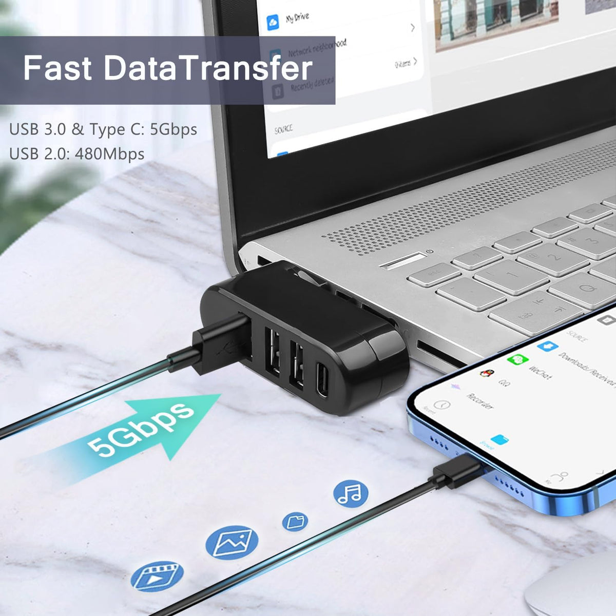 VIENON 4-Port USB 3.0 Hub [90°/180° Degree Rotatable], USB Splitter with PD-in 5W USB C Port, USB Extender for Laptop, Car, iMac, MacBook Air