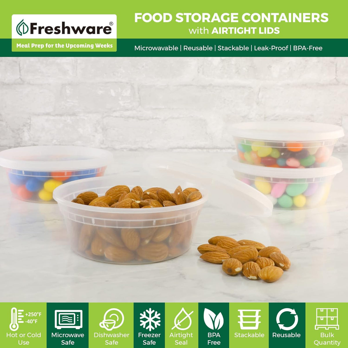 Freshware Food Storage Containers [50 Set] 8 oz Plastic Deli Containers with Lids, Slime, Soup, Meal Prep Containers | BPA Free | Stackable