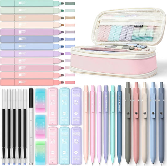 Four Candies 39 PCS Aesthetic School Supplies with Cute Pen Case, 12 Pastel Highlighters, 5 Black Ink Gel Pens, 6 Mechanical Pencils Set for Students