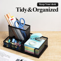 M&G Mesh Pen Holder Desk Organizers Pencil Holder for Desk Black, 3 Compartments Metal Office Supply Organizer with Sticky Notes Holder for School