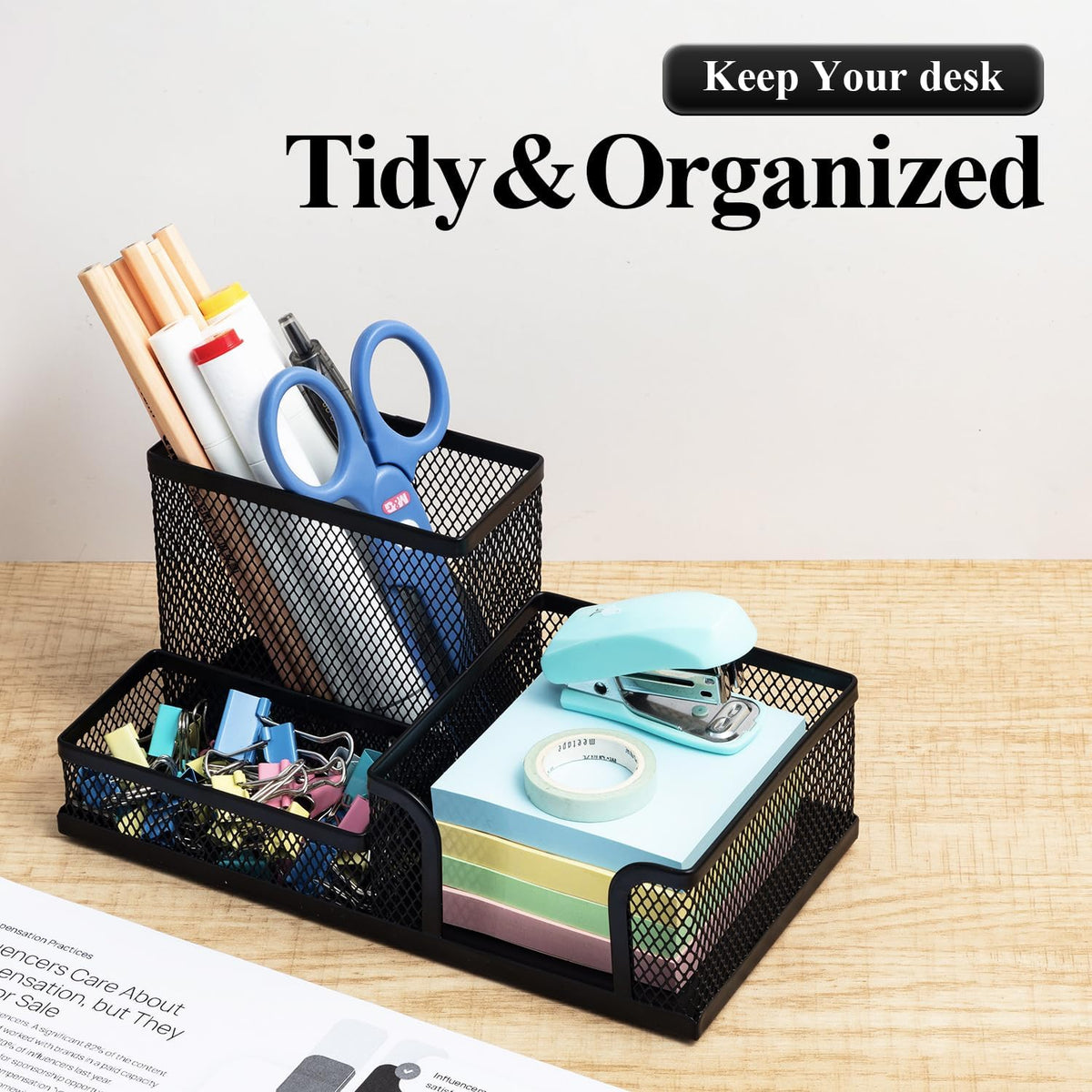 M&G Mesh Pen Holder Desk Organizers Pencil Holder for Desk Black, 3 Compartments Metal Office Supply Organizer with Sticky Notes Holder for School