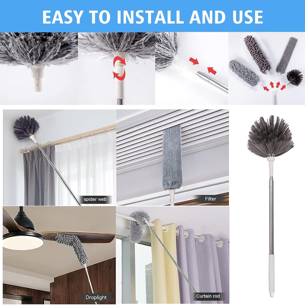Microfiber Feather Duster 5-in-1 Kit, Dusters for Cleaning, Duster with Extension Pole 100 Inches, Cobweb Duster, Microfiber Dusters for High