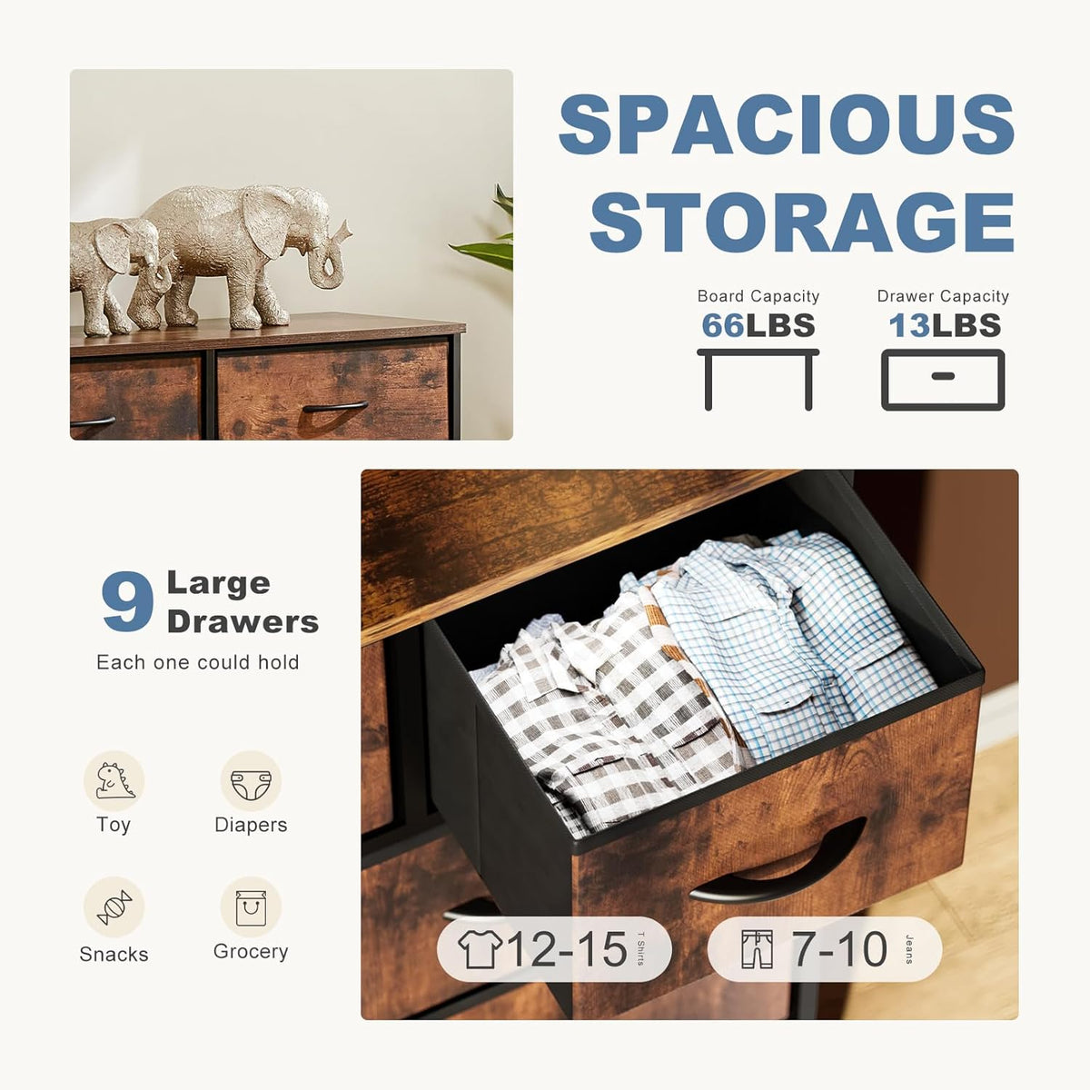DUMOS Dresser for Bedroom, Storage Organizer with 9 Drawers, Chest of Drawers with Fabric Bins, Sturdy Metal Frame, Wood Tabletop for Guest Room