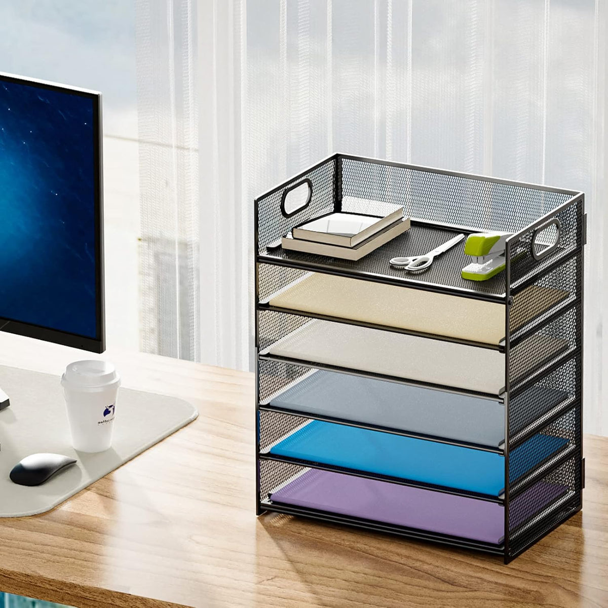 Marbrasse 6 Tier Paper Organizer Letter Tray - Mesh Desk File Organizer with Handle, Paper Sorter Organizer for Letter/A4 Office File Folder Holder