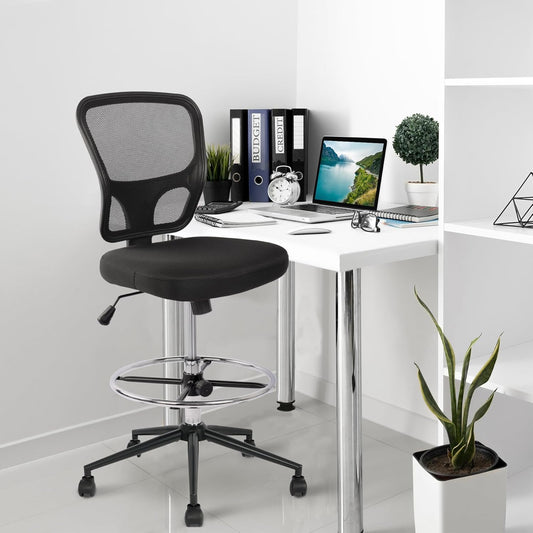 Armless Drafting Chair Tall Office Chair Adjustable Height High Back Ergonomic Desk Chair Drafting Stool Rolling Bar Stools Chairs with Footrest and