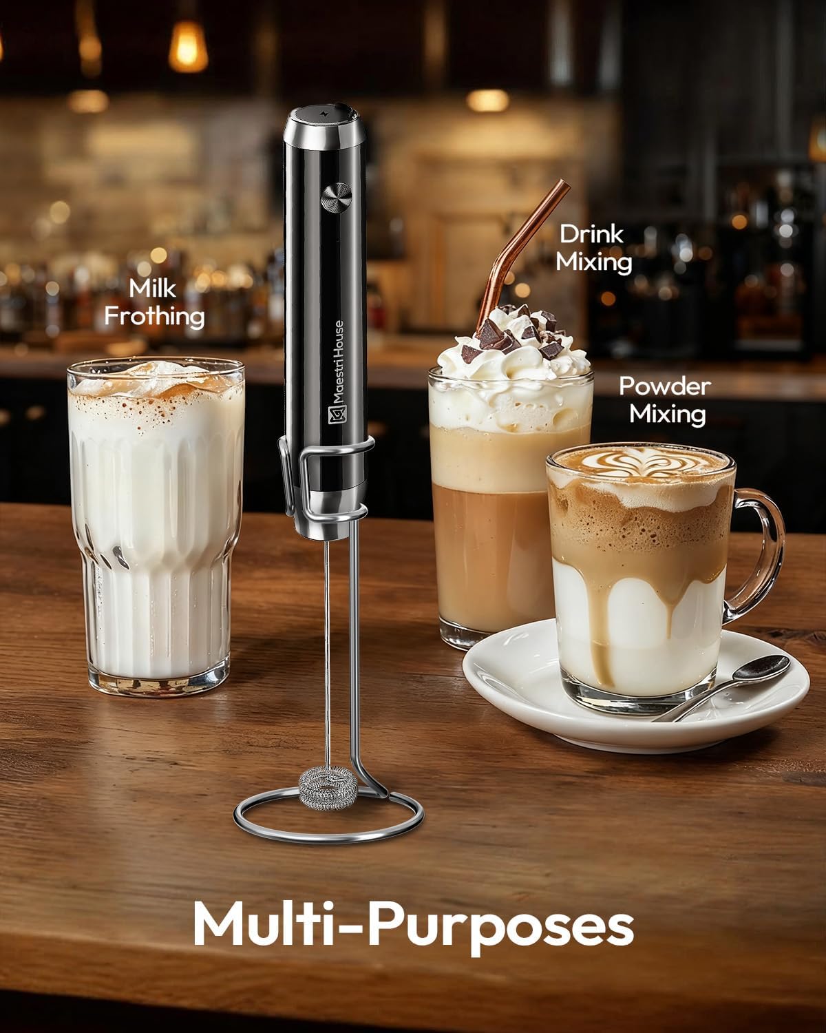 Maestri House Rechargeable Milk Frother with Stand, LunaFro Handheld Electric Foam Maker Waterproof Detachable Stainless Steel Whisk Drink Mixer