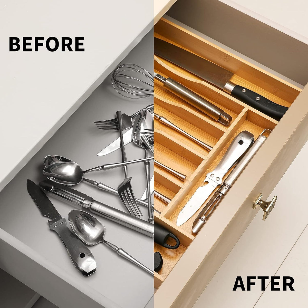 Expandable Bamboo Kitchen Drawer Organizer for Cutlery and Utensils, Adjustable Bamboo Wood Cutlery Tray in Drawer for Flatware and Silverware in