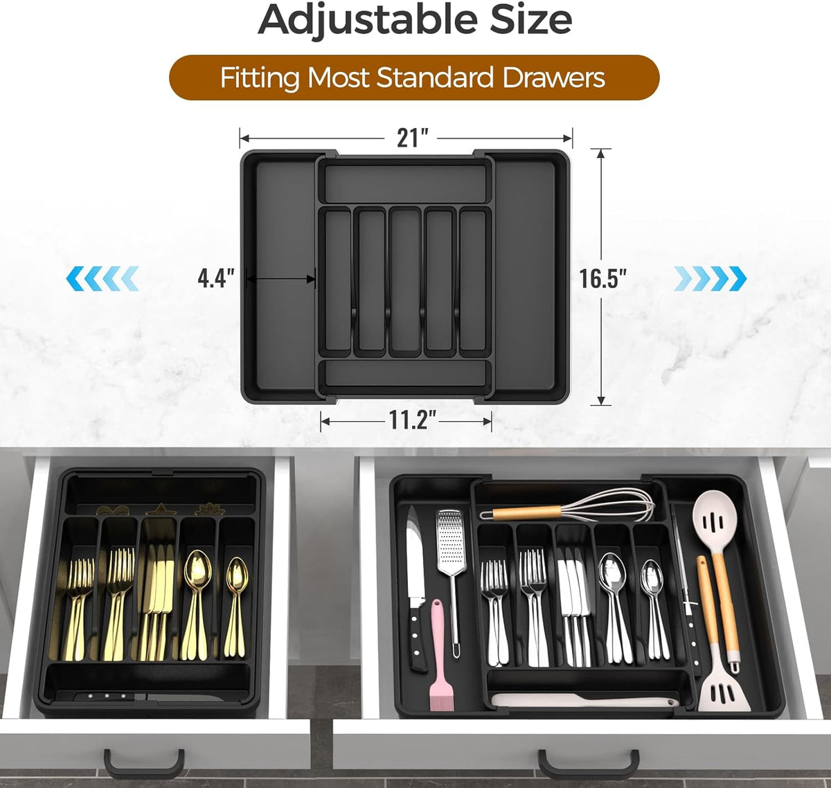 Extra Large Expandable Silverware Organizer, BPA-Free Food-Safe Cutlery Flatware Organizer, Kitchen Utensil Drawer Organizer, Adjustable Silverware