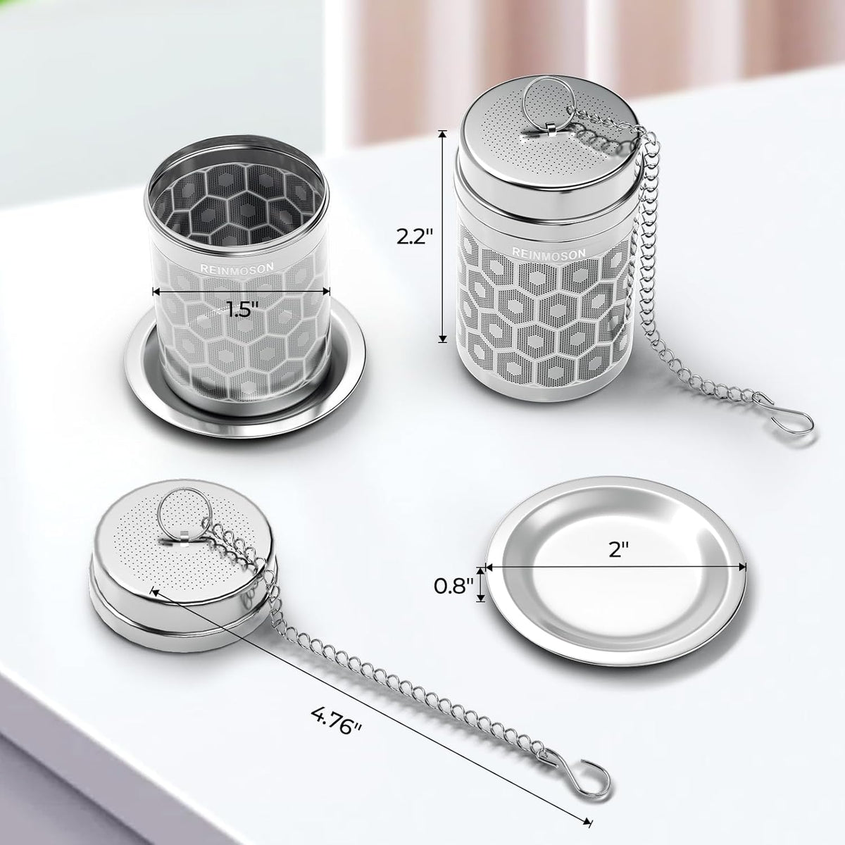 Reinmoson Tea Strainers for Loose Tea, Extra Fine Mesh Tea Infuser, 304 Stainless Steel & Updated Slim Threaded Lid, Loose Leaf Tea Steeper for Black