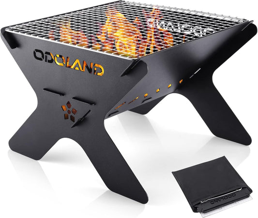Odoland Camping Campfire Grill, Portable Folding Charcoal Grills, Backpacking BBQ Grill, Heavy Duty Firepit Grill with Carry Bag for Outdoor Cooking