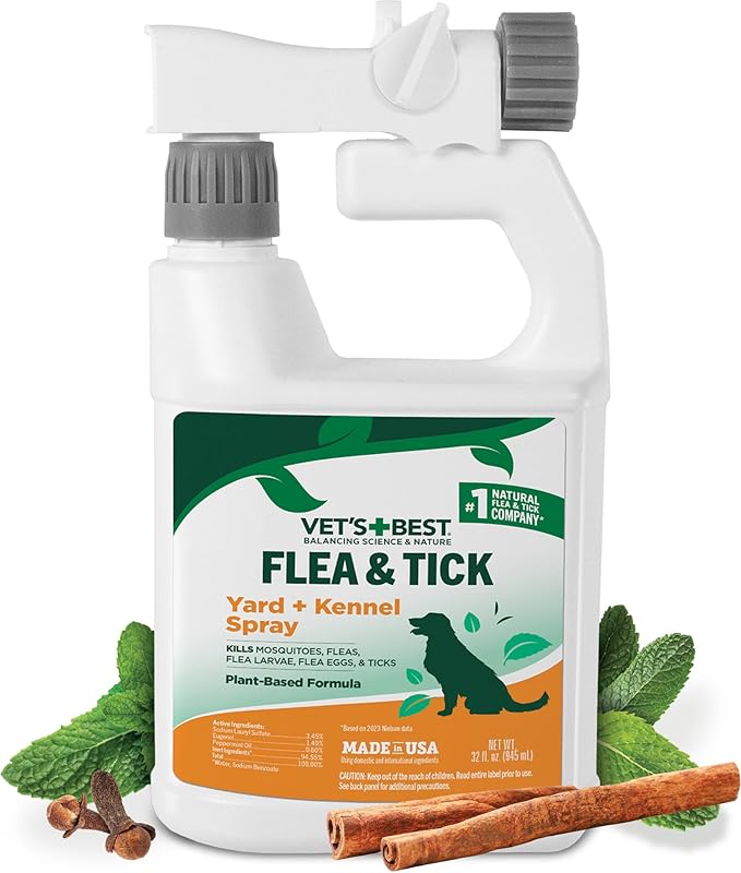 Vet's Best Natural Flea and Tick Yard and Dog Kennel Spray, Plant Safe Tick Spray for Yard with Ready-to-Use Hose Attachment, Mosquito Repellent