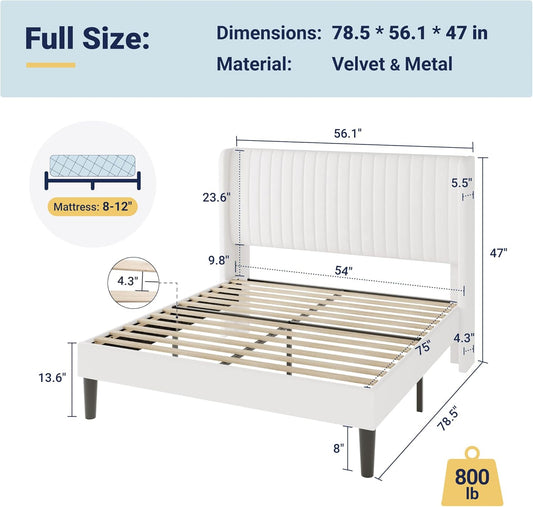 Allewie Full Size Velvet Bed Frame/Vertical Channel Tufted Wingback Headboard/Upholstered Platform Bed/Strong Wooden Slats/No Box Spring Needed/Easy