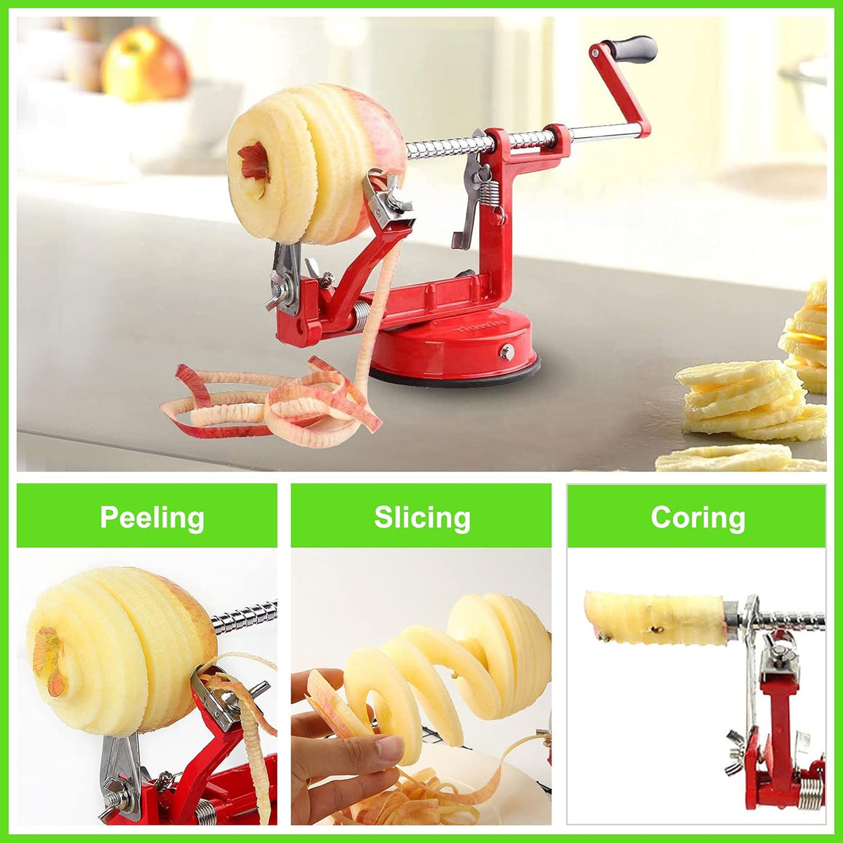 Apple Peeler Corer, Long lasting Chrome Cast Magnesium Alloy Apple Peeler Slicer Corer with Stainless Steel Blades and Powerful Suction Base for