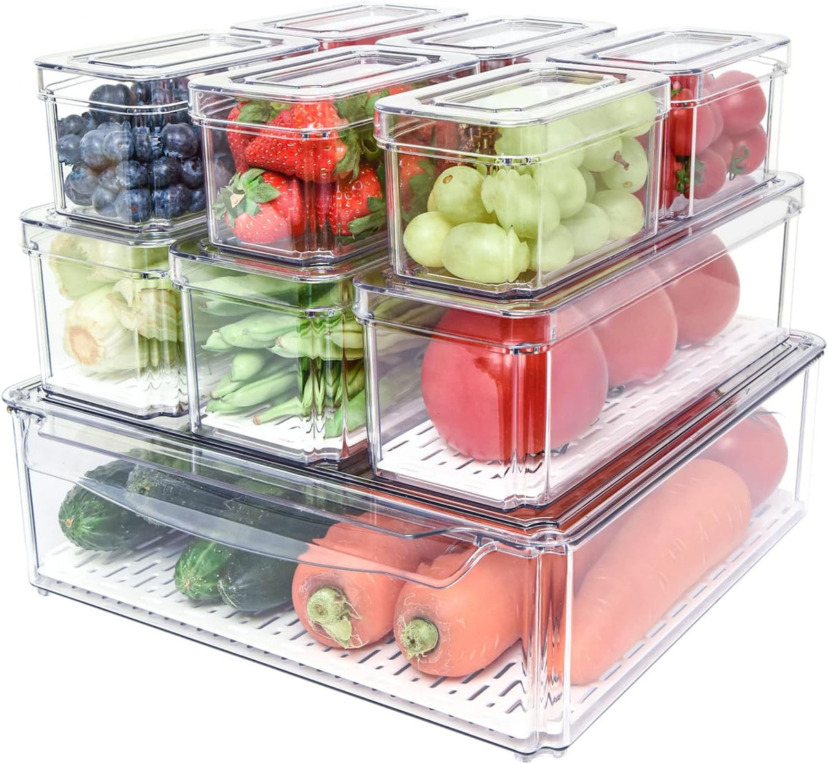 Pomeat 10 Pack Fridge Organizer, Stackable Refrigerator Bins with Lids, BPA-Free Produce Fruit Storage Containers for Fridge, Clear for Food, Drinks