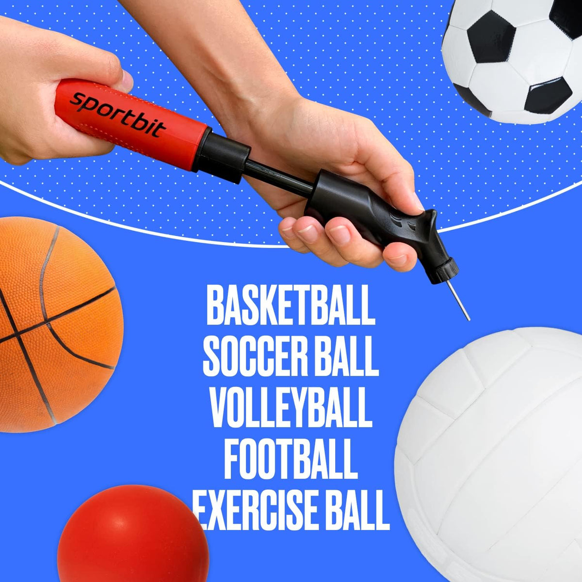SPORTBIT Ball Pump for Sports Balls - Push & Pull Inflating System - Hand Pump for All Exercise Balls - Volleyball Pump, Basketball Inflator