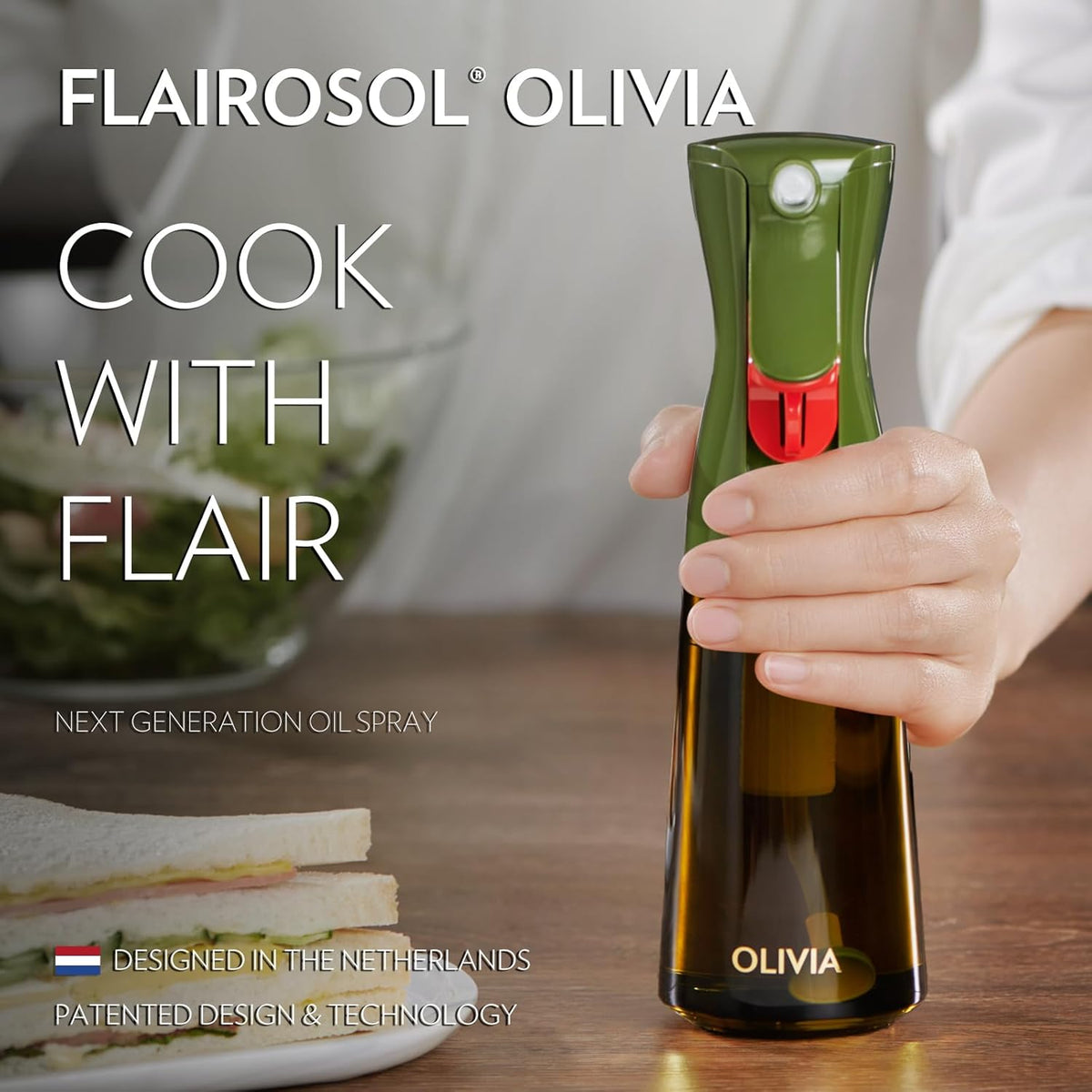 FLAIROSOL OLIVIA Oil Sprayer for Cooking, 200ml Glass Olive Oil Sprayer, Continuous Cooking Spray with Portion Control, Oil Dispenser for Kitchen