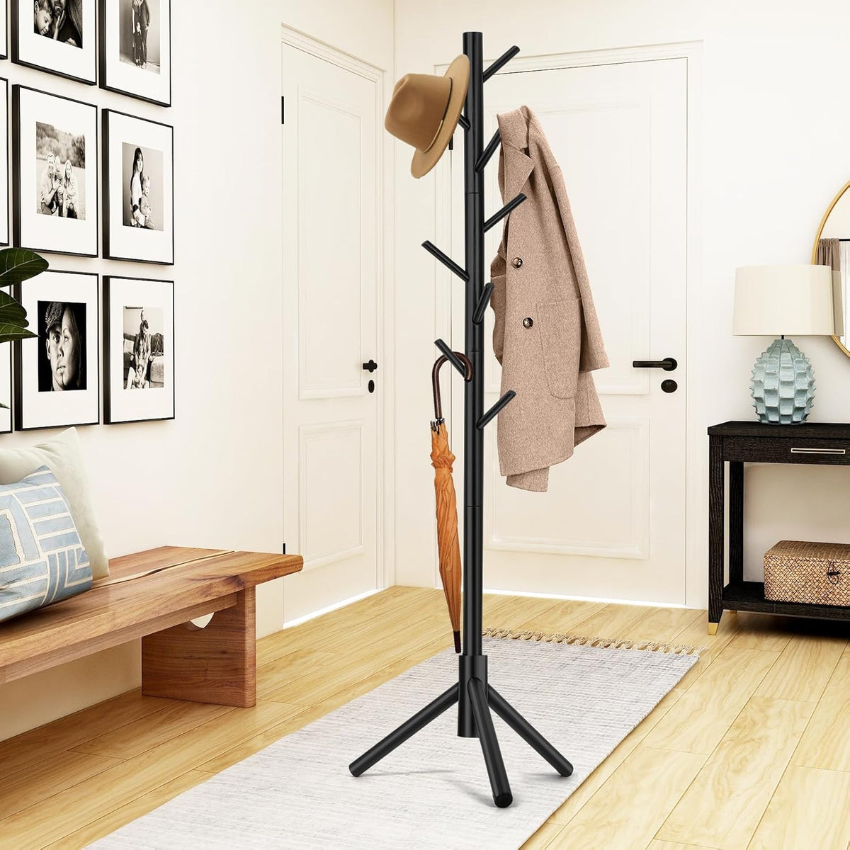 Coat Rack, Freestanding Coat Rack with 8 Hooks and 3 Adjustable Size Tree Coat Racks for Bedroom, Hallway, Entrance, Office, for Hats, Coats