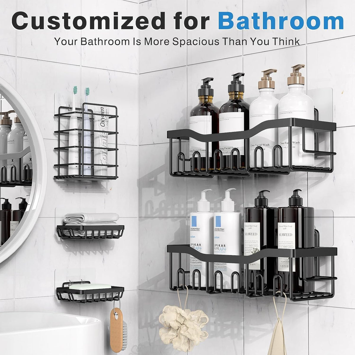 5-Pack Rustproof Stainless Steel Shower Caddy Set– No Drill Adhesive Bathroom Organizer, Space-Saving Shower Shelves for Apartment Essentials