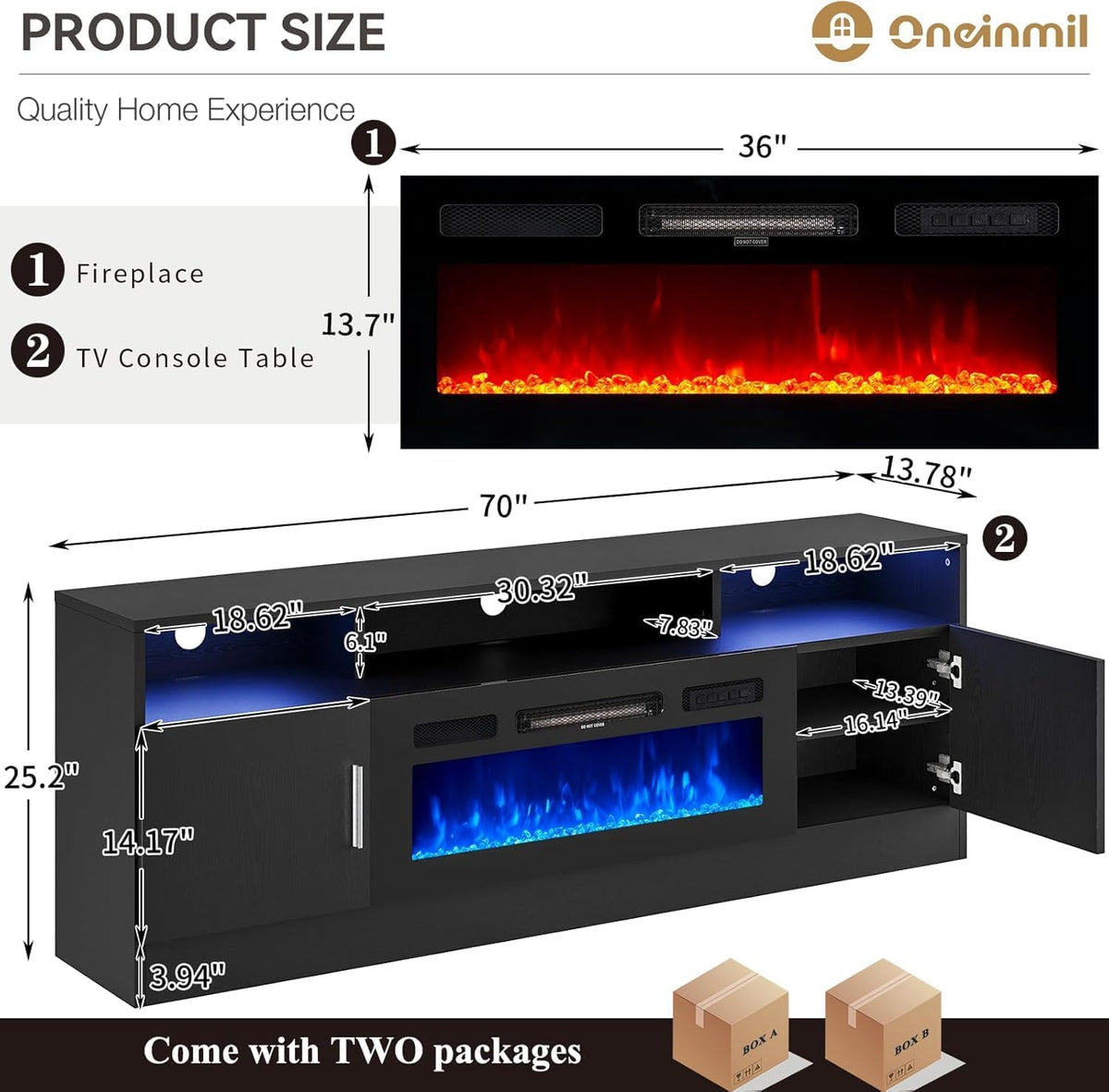 oneinmil 70" Fireplace TV Stand with Power Outlet for TVs Up to 80", Electric Fireplace Entertainment Center with LED Lights & Storage Cabinets