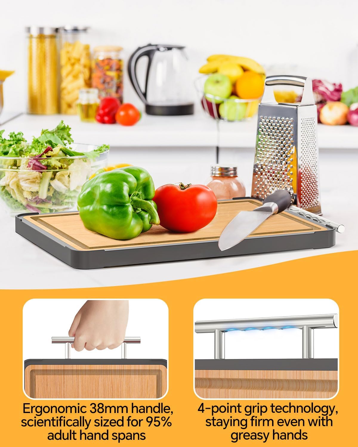 Cutting Boards for Kitchen - Food Grade Double Sided Pure Titanium& Bamboo Chopping Board with Handle, Slip resistant Non-toxic Charcuterie Board