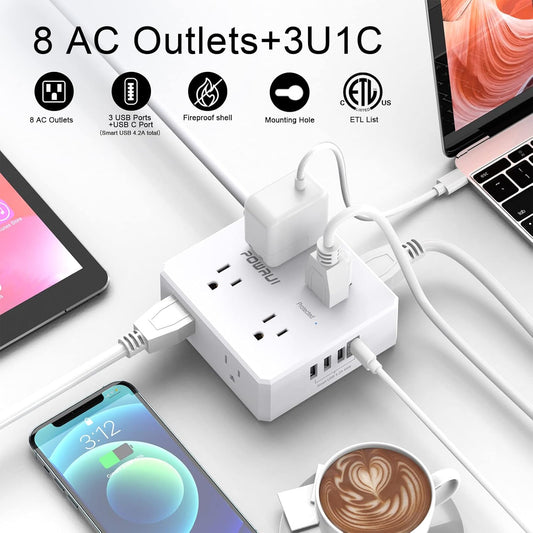 Surge Protector Power Strip - 6 Ft Flat Plug Extension Cord with 8 Widely Outlets and 4 USB Ports(1 USB C), 3 Side Outlet Extender for Home Office