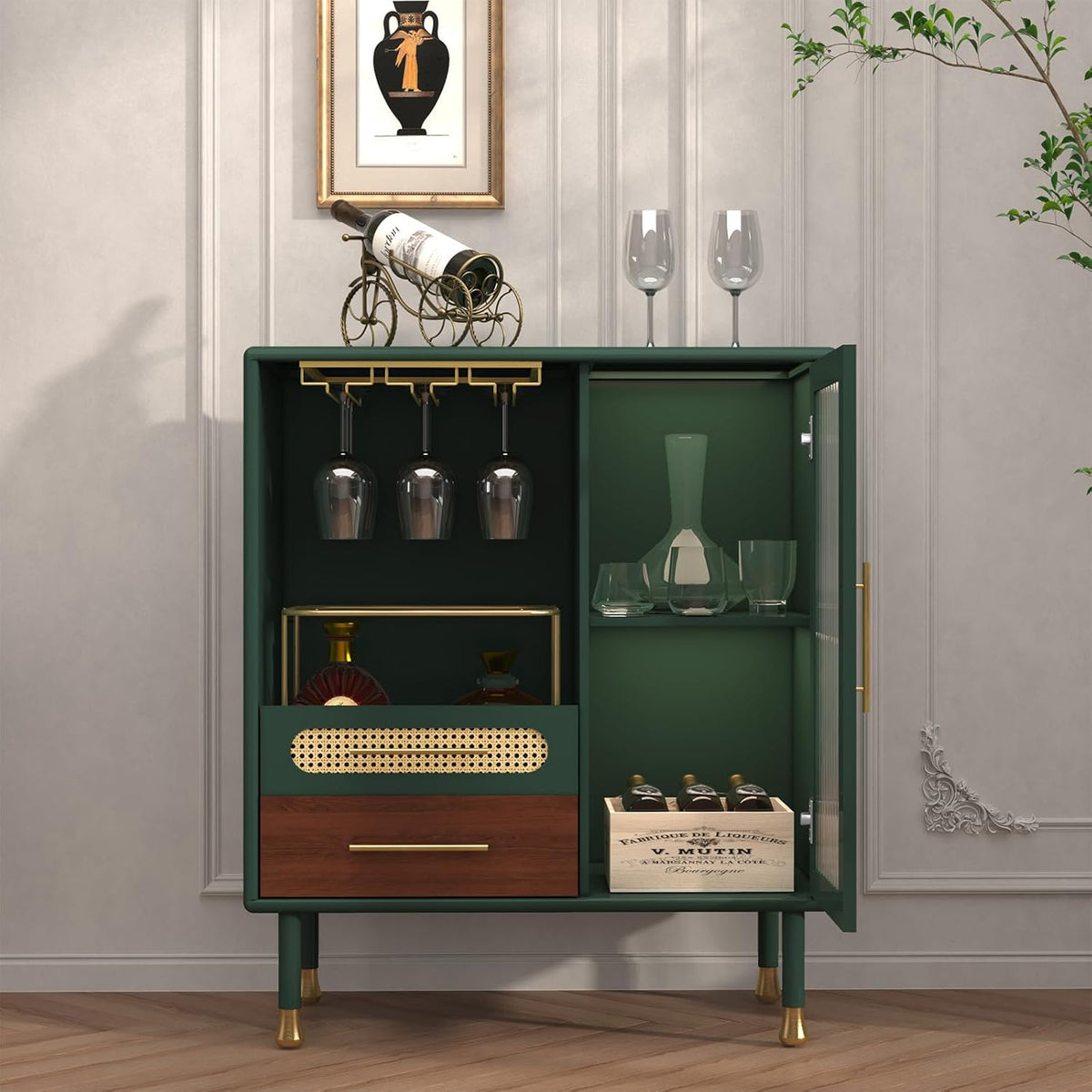 ARTPOWER Modern Coffee Bar Cabinet with Wine Glass Rack and Drawers, Green Liquor Cabinet with Pull-Out Wine Storage for Kitchen, Dining Room, Living