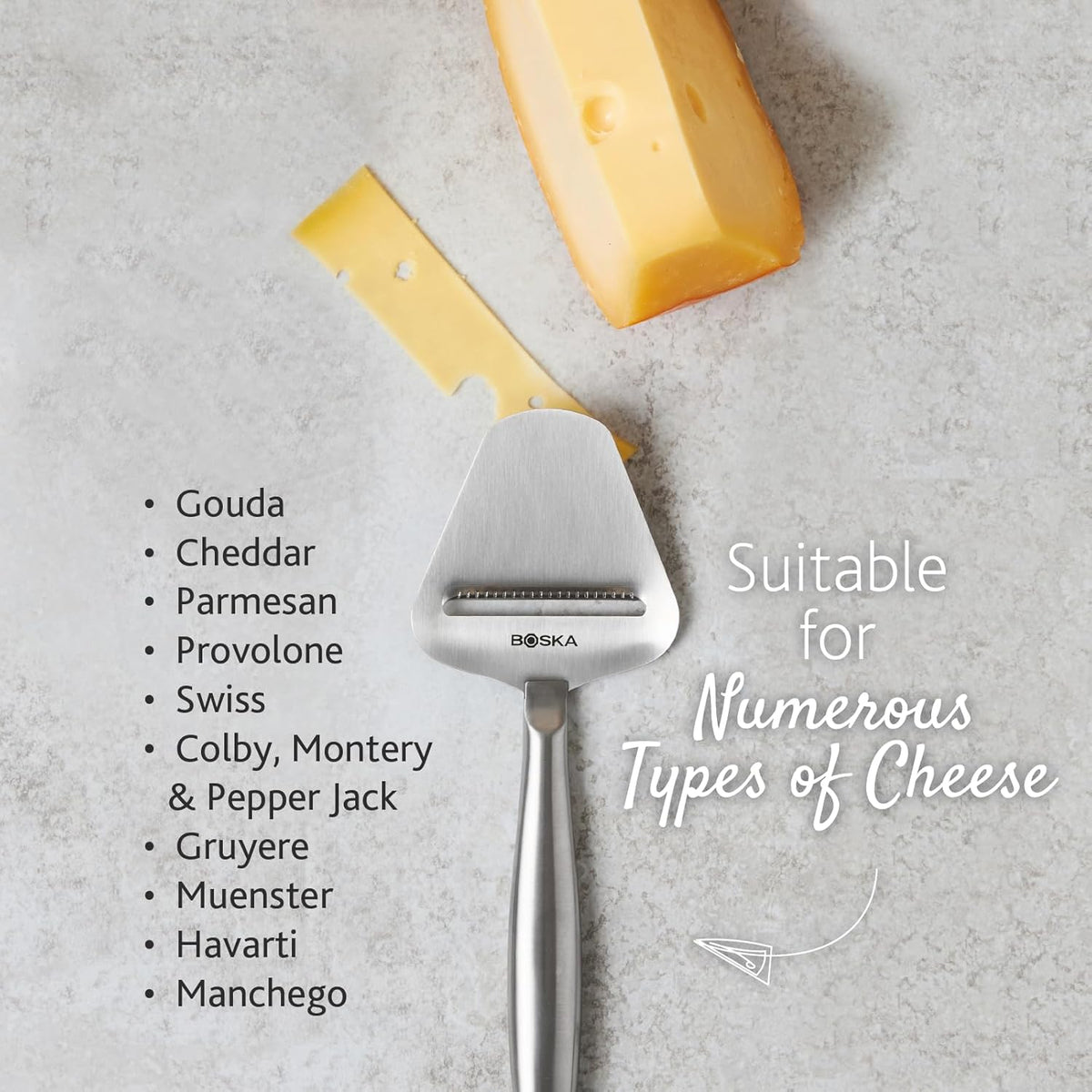 Boska Stainless Steel Cheese Slicer - Copenhagen For All Types of Cheese - Multi-Functional Cheese Slicer - Handheld Slicer - Silver Non-Stick