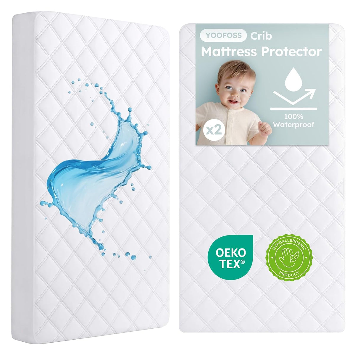 Yoofoss Waterproof Crib Mattress Protector 2 Pack, Quilted Crib Mattress Pad Cover Ultra Soft and Breathable, Machine Washable Toddler Mattress