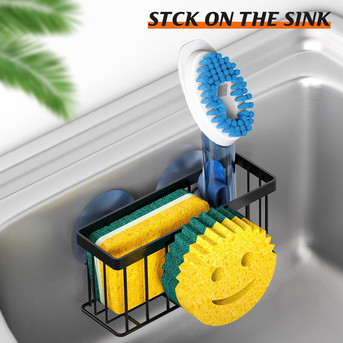 Sponge Holder Smiley Face, Sink Caddy for kitchen Sink, Kitchen Organizer Sponge Holder with 2 PCS Suction Cups/1 PCS Adhesive Strips, Designed for