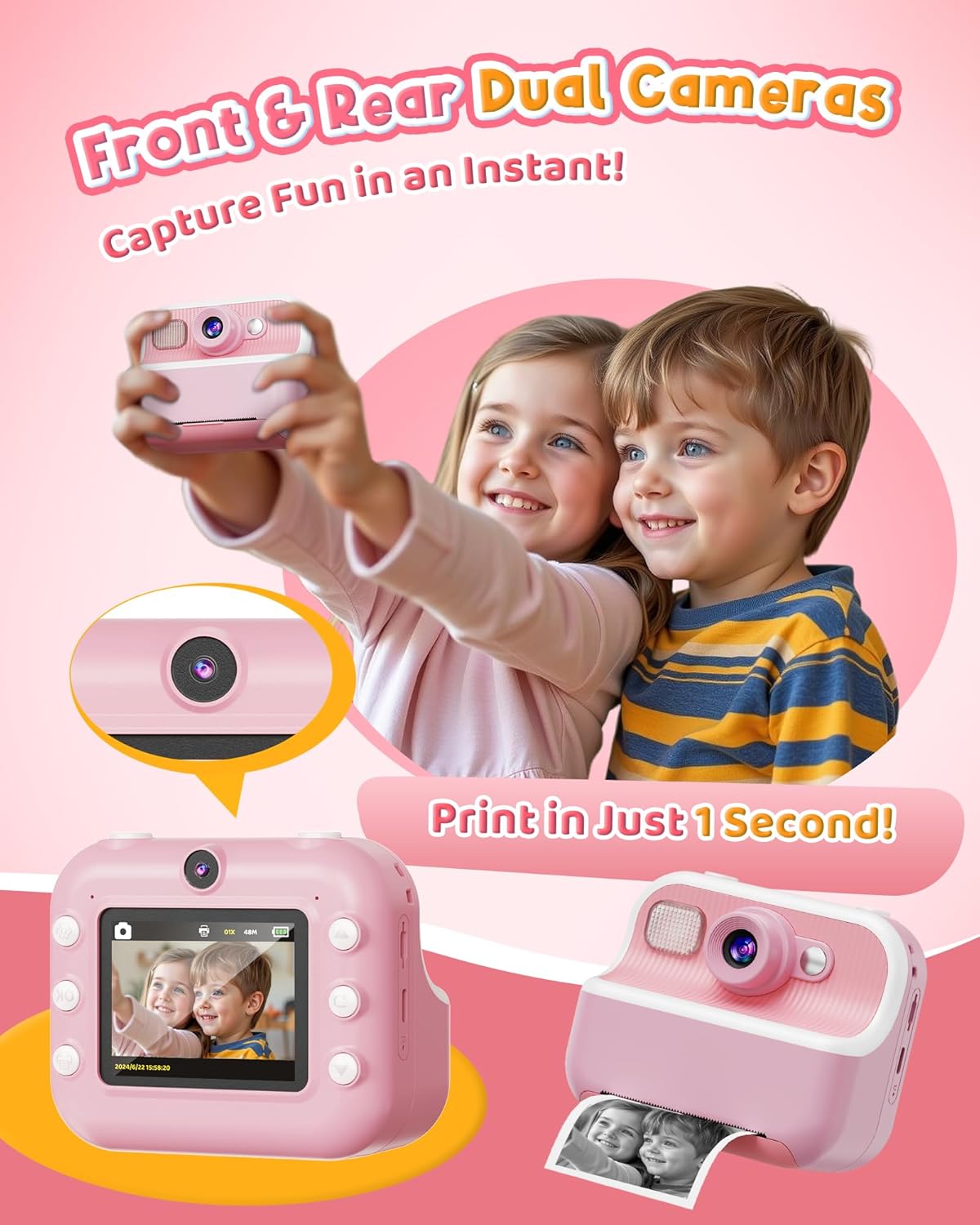 Instant Camera, Front Rear Dual Selfie Kids Camera with 1080P Videos, Holiday Birthday Gifts for Kids Age 3-12, Toddler Portable Travel Print Digital