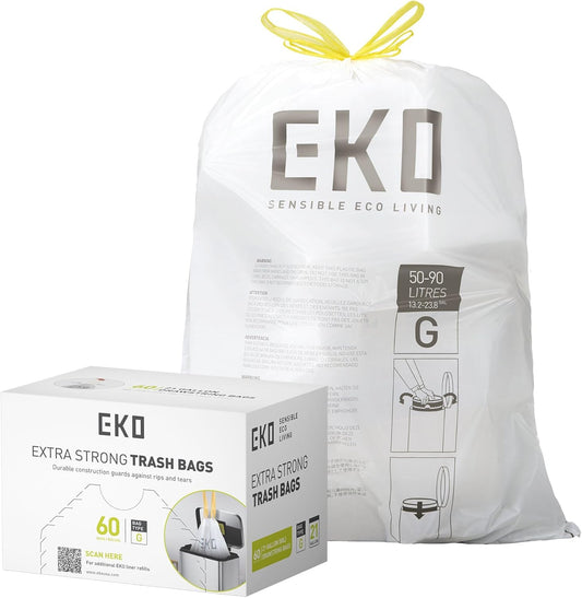 EKO 21 Gallon / 50-90 Liter, 60 Count Drawstring Trash Bags, Extra-Strong Unscented Garbage Bags, Easy-Dispense Roll for Kitchen & Household Use