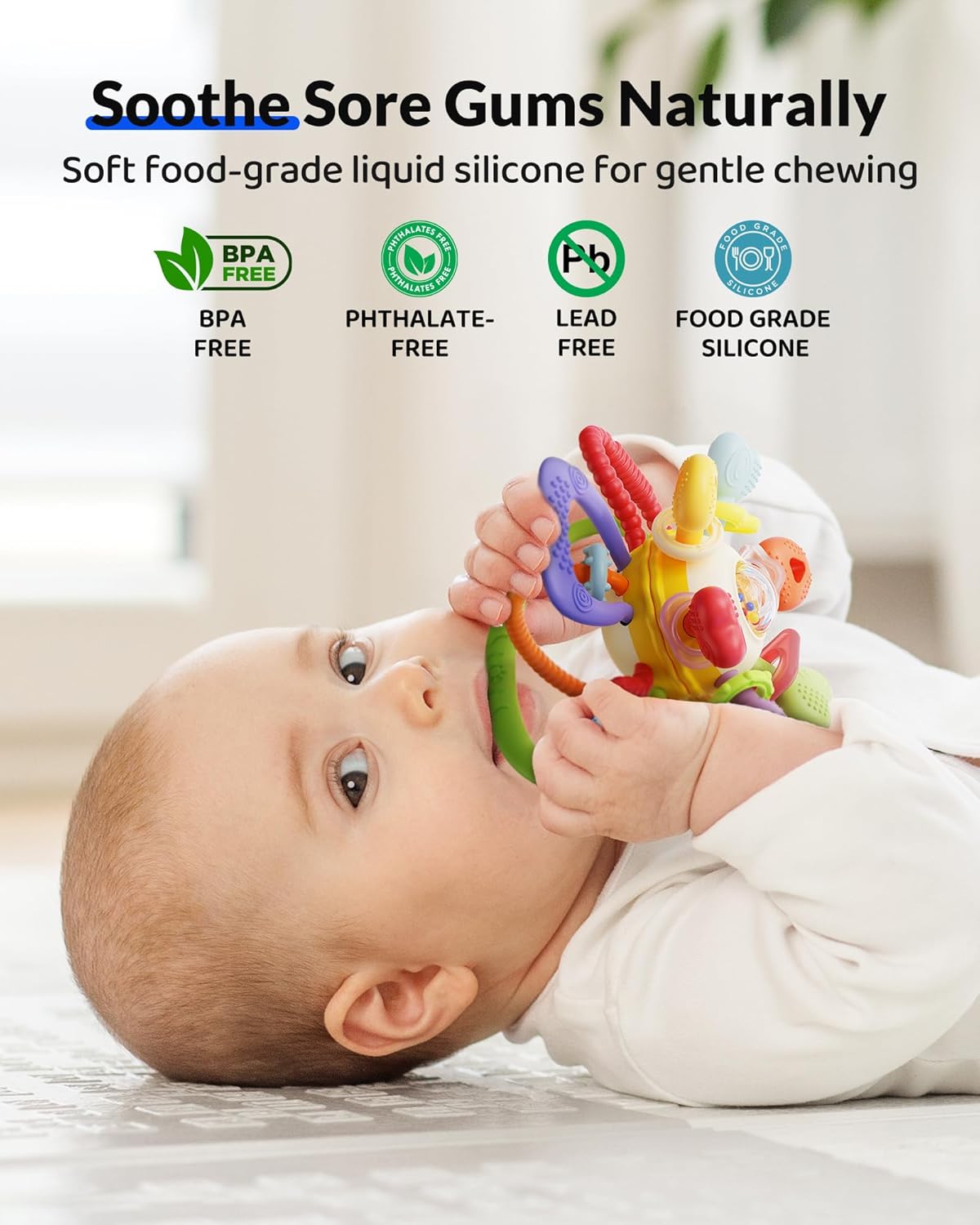 Baby Montessori Sensory Teething Toy – Safe, Multi-Functional BPA-Free Silicone Teether Toy for Babies 0-12 Months – Vibrant Rattle for Teething
