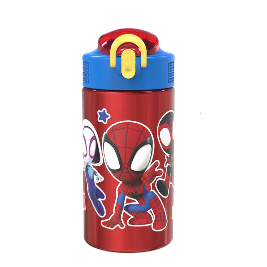 Zak Designs Marvel Spider-Man 18/8 Single Wall Stainless Steel Kids Water Bottle, Flip Straw Locking Spout Cover, Durable Cup for Sports or Travel