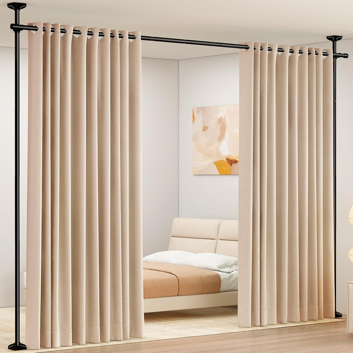 Room Divider Curtain Rod, No Drilling Room Separator for Space Partition Adjustable 4-10ft(H) 28-70inch(W) Heavy Duty Temporary Wall Divider Floor to