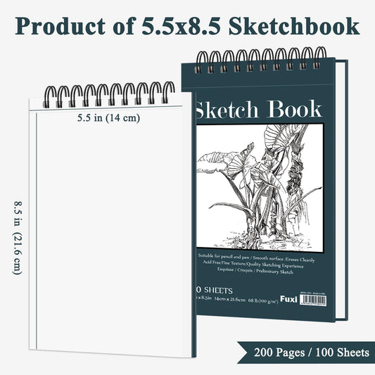 Small Sketchbook 5.5" x 8.5" - 2 Pack Top Spiral Mini Sketch Pad, Small Sketch Book Hard Cover, 100 Sheets Each 68lb/100gsm - Mini Drawing Paper for