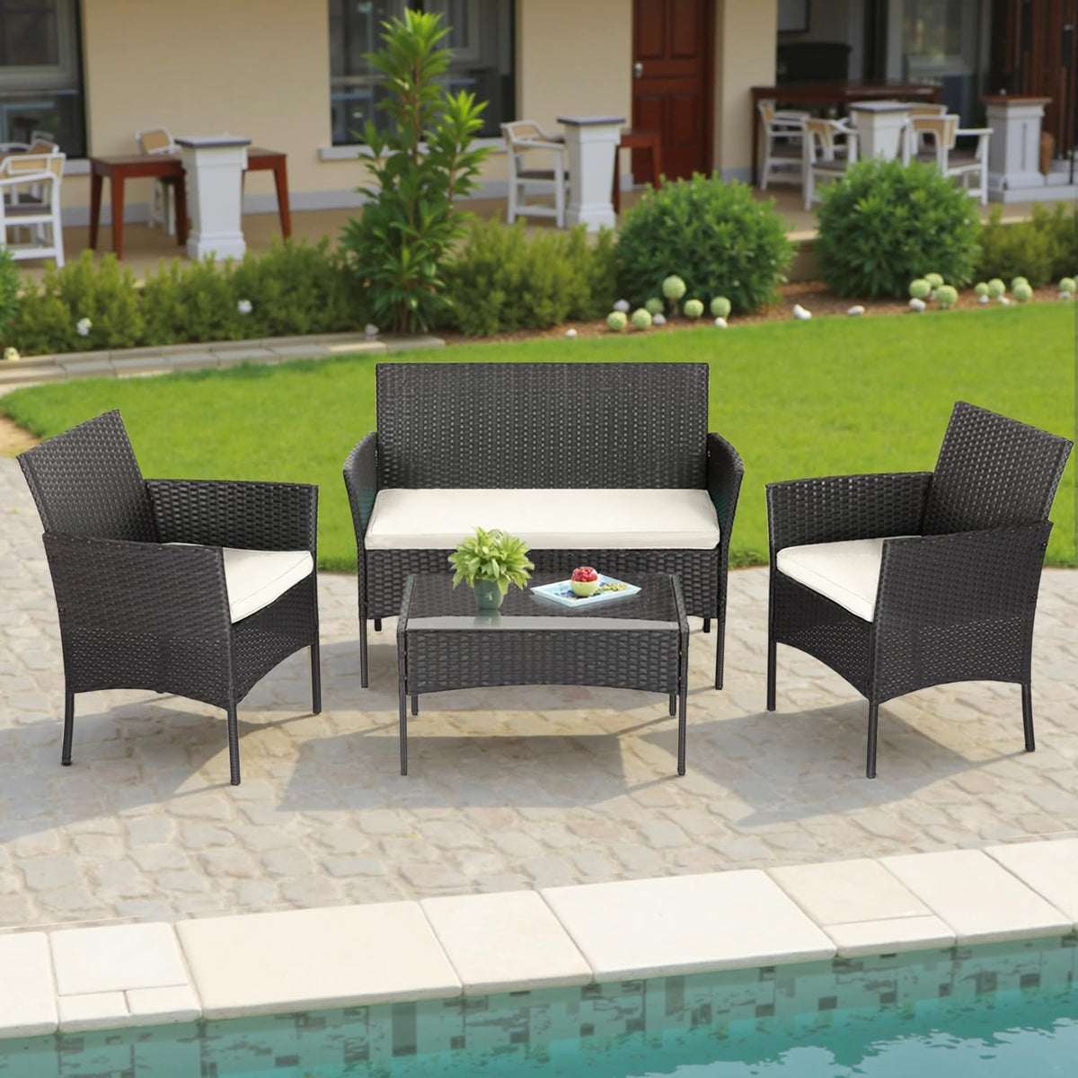 FDW | 4-Piece Patio Furniture Set | Black | Outdoor Wicker Furniture with Coffee Table | Modern Rattan Chairs Conversation Set | Outdoor Seating