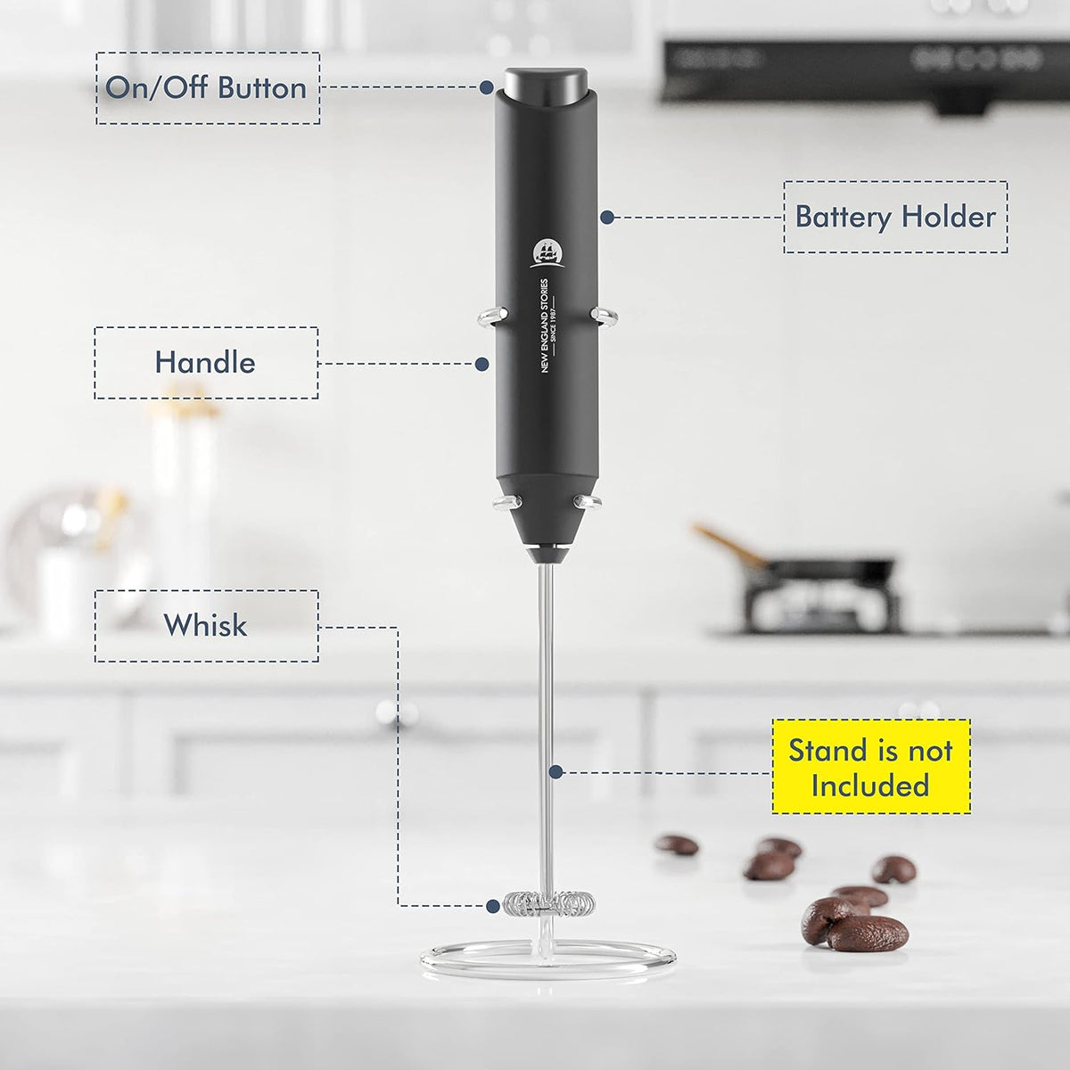 Powerful Milk Frother Wand - Mini Handheld Milk Frother with Stainless Steel Whisk - Battery-Powered Drink Mixer for Coffee, Lattes, Cappuccinos