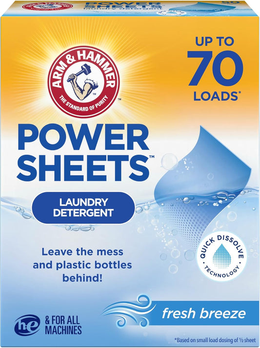 ARM & HAMMER Power Sheets Laundry Detergent, Fresh Breeze Scent, No Mess, Lightweight and Travel-Friendly, 35 Count, Up to 70 Small Loads