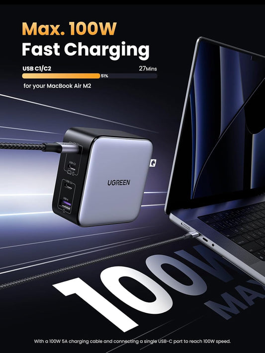 UGREEN Nexode 100W GaN USB C Charger, 4-Port Compact Foldable Fast Laptop Charger Power Adapter for MacBook Pro/Air, iPad Pro, iPhone 17/16/15