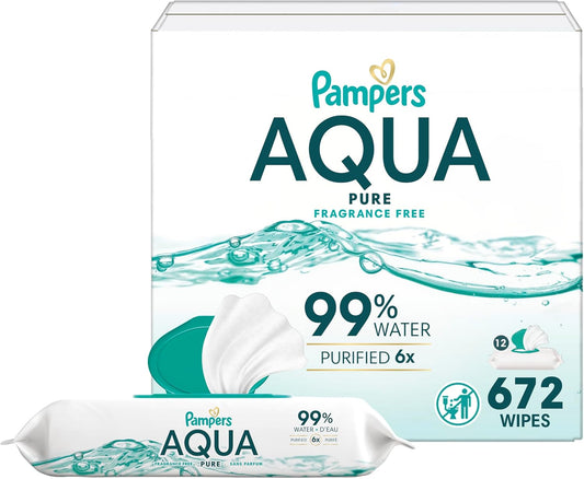 Pampers Baby Wipes Aqua Pure, 99% water-based wipes, Hypoallergenic and Unscented Baby Wipes, 672 Wipes Total (12 Flip-Top Packs)
